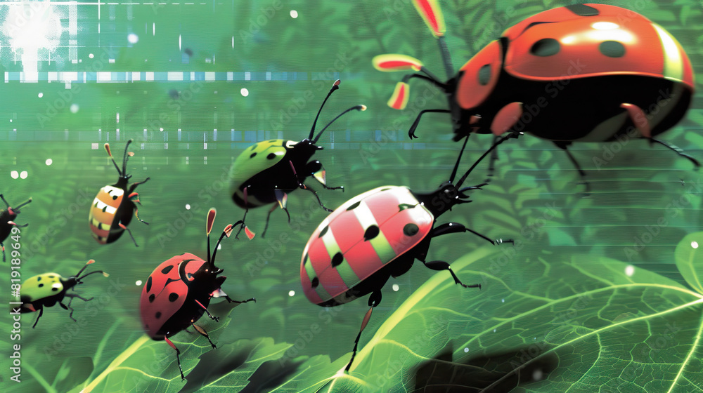 Fototapeta premium Beetle Ballet: The Intricate Movements of Beetles on Leaves - Visualize a scene where beetles perform a graceful ballet on leaves, their colorful bodies and intricate movements creating a mesmerizing