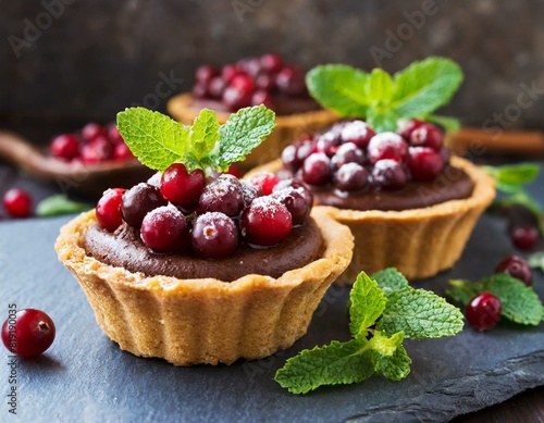 Köstliche Schokoladentartelettes mit frischen Cranberrys und Melisse photo