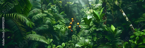 Search and Rescue Team in Tropical Forest for Missing Person and Injured Individual. Concept Search and Rescue Techniques, Tropical Forest Terrain, Missing Person Protocol photo