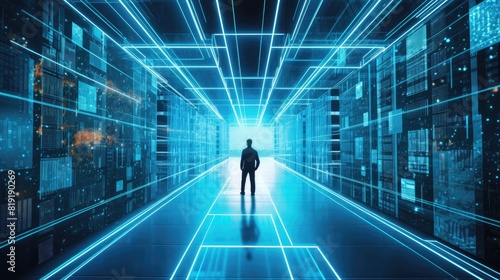 Businessman walking in futuristic server room with binary code. Technology concept