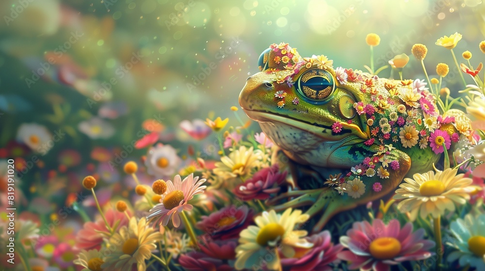 a Flowered Frog hiding in a colorful garden, where it blends seamlessly with the blooming environment. a Flowered Frog hiding in a colorful garden, where it blends seamlessly with the blooming environment.