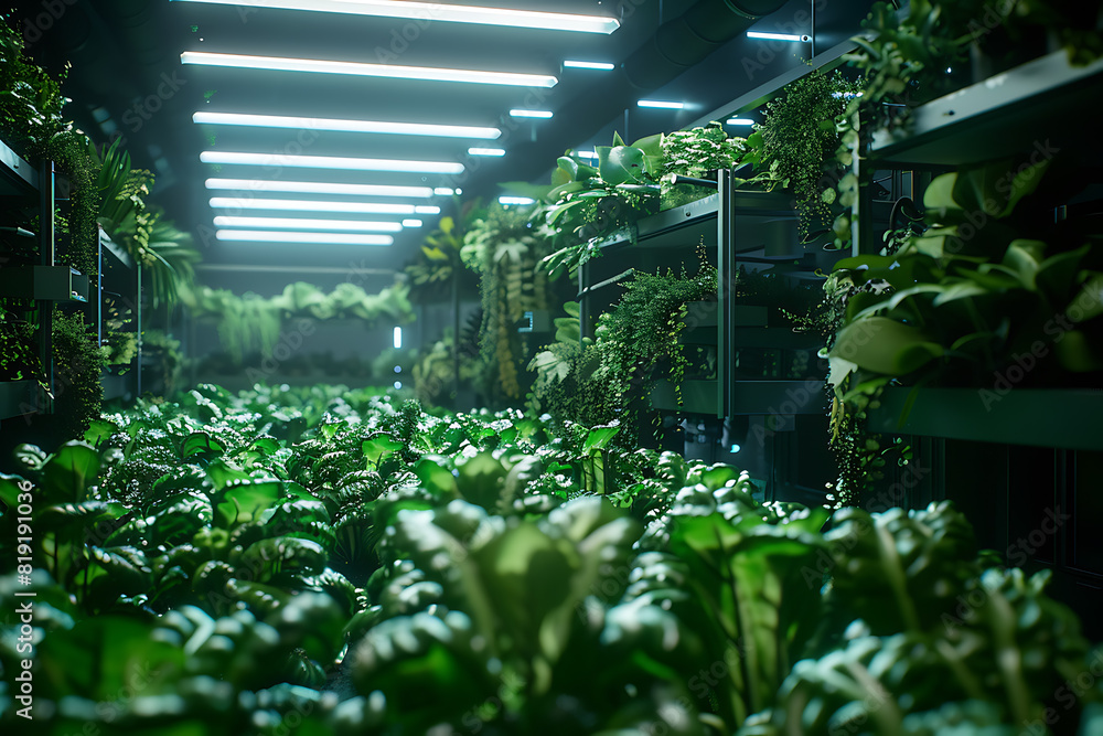 Leafy greens thriving on a high-tech farm, showcasing innovative agriculture techniques and fresh produce Leafy greens thriving on a high-tech farm, showcasing innovative agriculture techniques and fresh produce