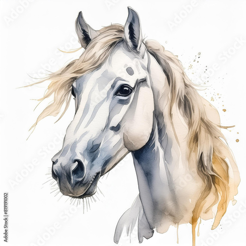 Watercolor painting of farm or wild white horse. Domestic animal. Hand drawn art.