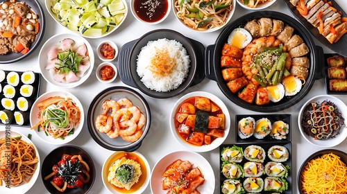 Vibrant Array of Authentic Korean Food on White Background in Ultra HD 8K Quality