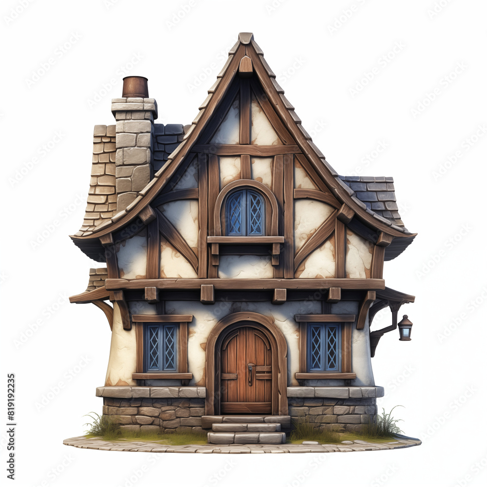 One wooden medieval house isolated on white background One wooden medieval house isolated on white background