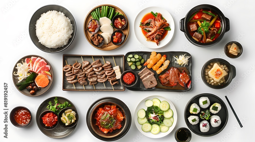 Korean Food Variety from Above on Plain White Background in High Definition 8K Quality Korean Food Variety from Above on Plain White Background in High Definition 8K Quality