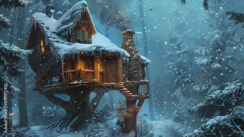 a quaint and cozy digital painting of a tree house tucked away in a snowy forest. photo