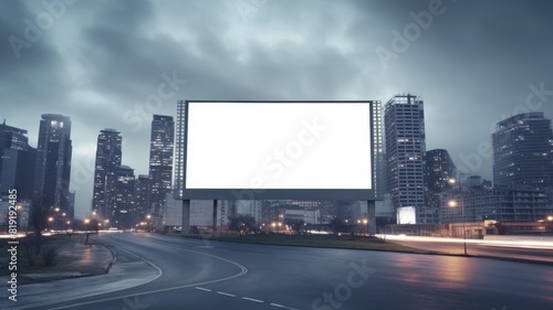 Urban billboard above an empty highway with overcast skies and modern cityscape in the background. A large blank billboard on the side of a highway. The rectangular billboard made of metal. AIG35.