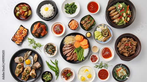Authentic Korean Cuisine Spread on White Background in High Definition 8K Resolution