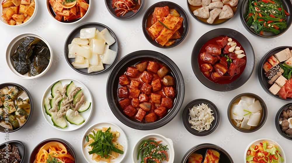 Vibrant Selection of Authentic Korean Dishes on White Background in High Definition 8K Resolution Vibrant Selection of Authentic Korean Dishes on White Background in High Definition 8K Resolution