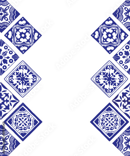 Various square Tiles poster template. Different blue ornaments. Traditional mediterranean style. Hand drawn. Ceramic tiles. Vector illustration isolated on background. 