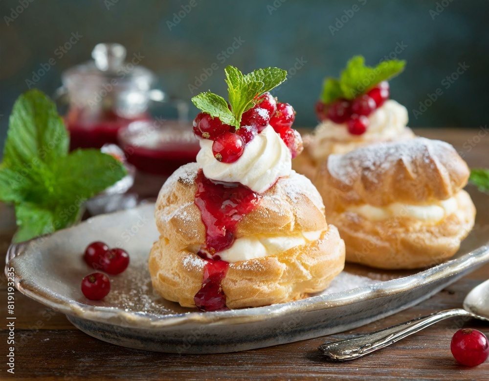 Windbeutel mit frischen roten Johannisbeeren, Johannisbeersoße, Sahne und Minze Windbeutel mit frischen roten Johannisbeeren, Johannisbeersoße, Sahne und Minze