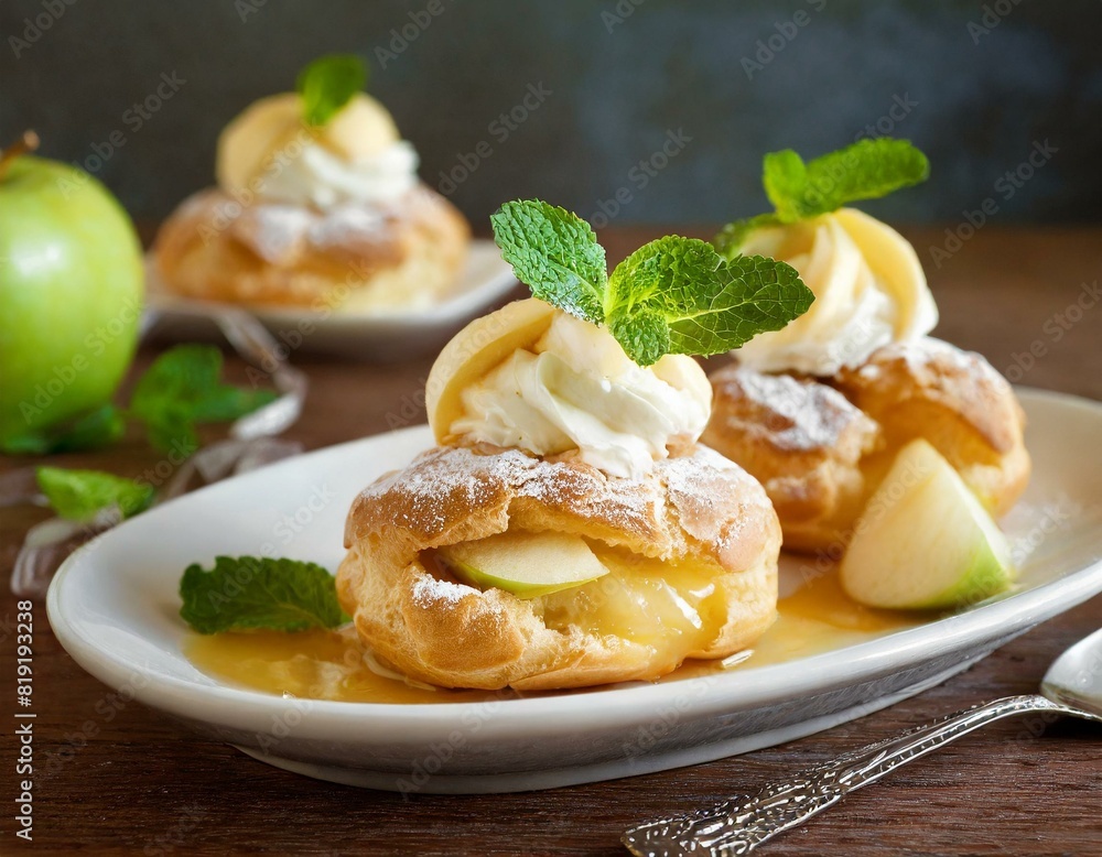 Windbeutel mit frischen Äpfeln, Vanillesoße, Sahne und Minze Windbeutel mit frischen Äpfeln, Vanillesoße, Sahne und Minze
