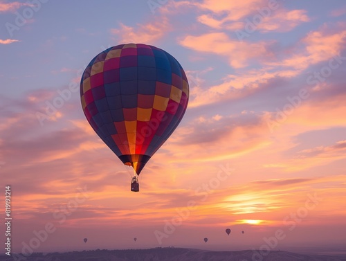 A colorful hot air balloon floats gracefully in a serene sky during a stunning sunrise, evoking a sense of tranquility and adventure © MaxK