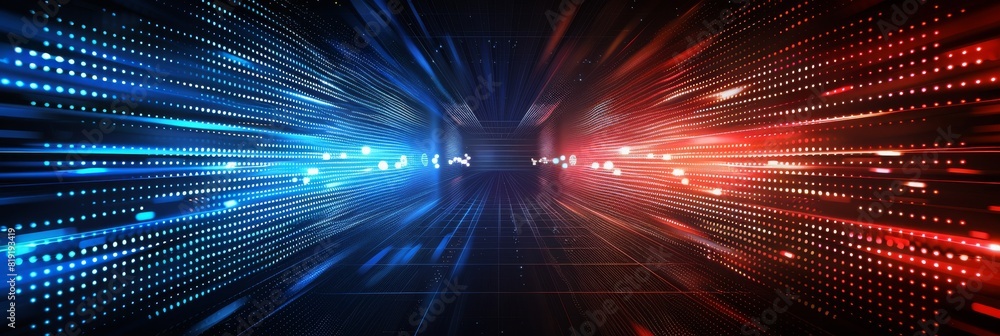 Abstract concept design with vibrant blue and red lights illuminating a digital dots pattern on a dark background, symbolizing advanced technology and innovation Abstract concept design with vibrant blue and red lights illuminating a digital dots pattern on a dark background, symbolizing advanced technology and innovation