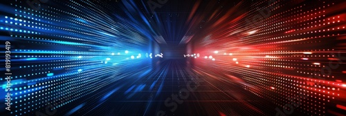 Abstract concept design with vibrant blue and red lights illuminating a digital dots pattern on a dark background, symbolizing advanced technology and innovation