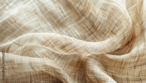 A close-up shot of beige linen fabric with a visible weave and texture, emphasizing the softness and natural beauty of the cloth's surfac