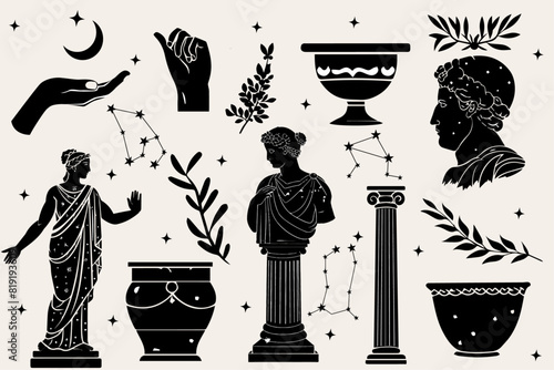 Antique aesthetics statues of mystical god, olive branches, ruined columns and pottery. Vector illustrations of antique statues in trendy bohemian style. For poster design, wall, pattern, collage