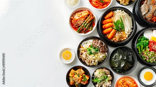 Authentic Korean Cuisine Spread on Plain White Background in Stunning 8K Resolution - Top View Realistic Group of Korean Food
