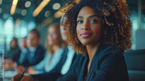 Strong confident black African American woman sitting at a table in a modern conference room with people at the background photo