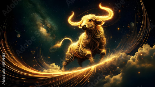 Celestial Taurus: Glowing Golden Bull in a Mystical Cosmic Dance of Stars and Light