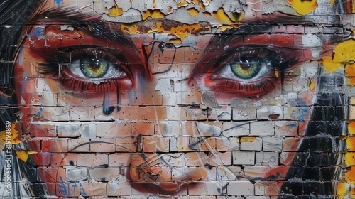 Stylish street graffiti with a woman s face on a brick wall 