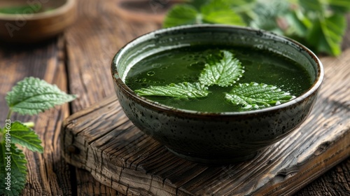 Soup of nettles on the wooden table