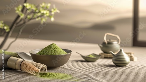 Show a close-up of matcha powder in a ceramic bowl with a bamboo whisk and chasen stand  creating an inviting tea ceremony scene with copy space for an image  using Overlay