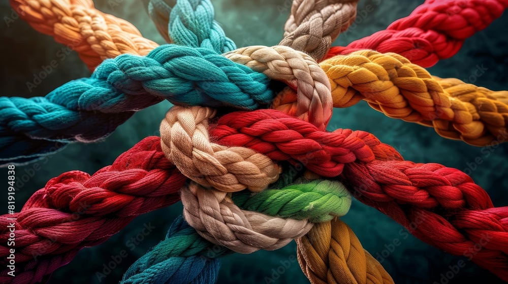 Diverse team participating in a rope challenge, selective focus on rope as a symbol of connection, theme of unity and teamwork, ethereal, Manipulation, motivational seminar backdrop Diverse team participating in a rope challenge, selective focus on rope as a symbol of connection, theme of unity and teamwork, ethereal, Manipulation, motivational seminar backdrop