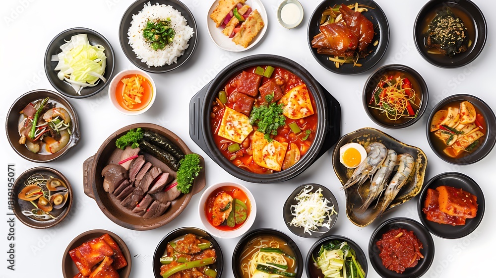Authentic Korean Cuisine Top View on Plain White Background in High Definition 8K Resolution Authentic Korean Cuisine Top View on Plain White Background in High Definition 8K Resolution