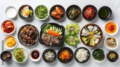 Authentic Korean Cuisine Food Spread on Plain White Background in High Definition 8K Top View