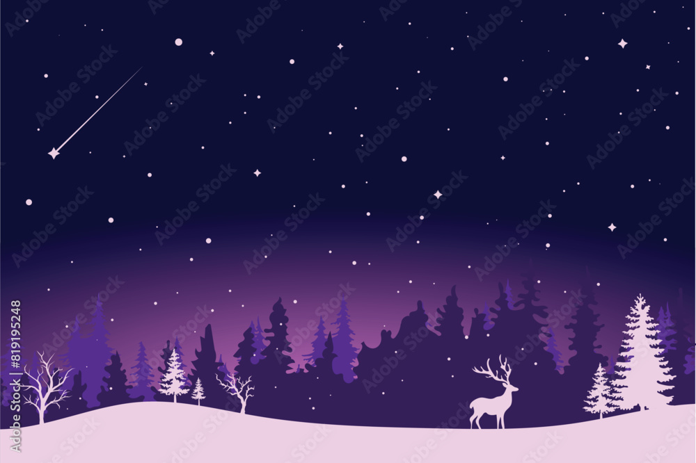 A fairytale winter landscape. Christmas background. There is a fantastic silhouette of white trees and deer with a dark background. Vector illustration	