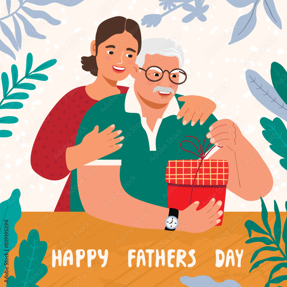 Φωτογραφία Cartoon illustration with adult daughter congratulating her elderly dad