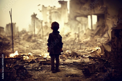 Child amidst ruins in a war zone