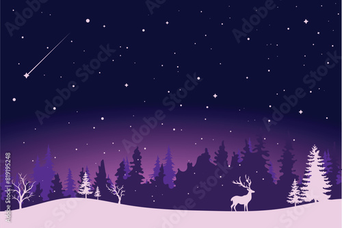 A fairytale winter landscape. Christmas background. There is a fantastic silhouette of white trees and deer with a dark background. Vector illustration	