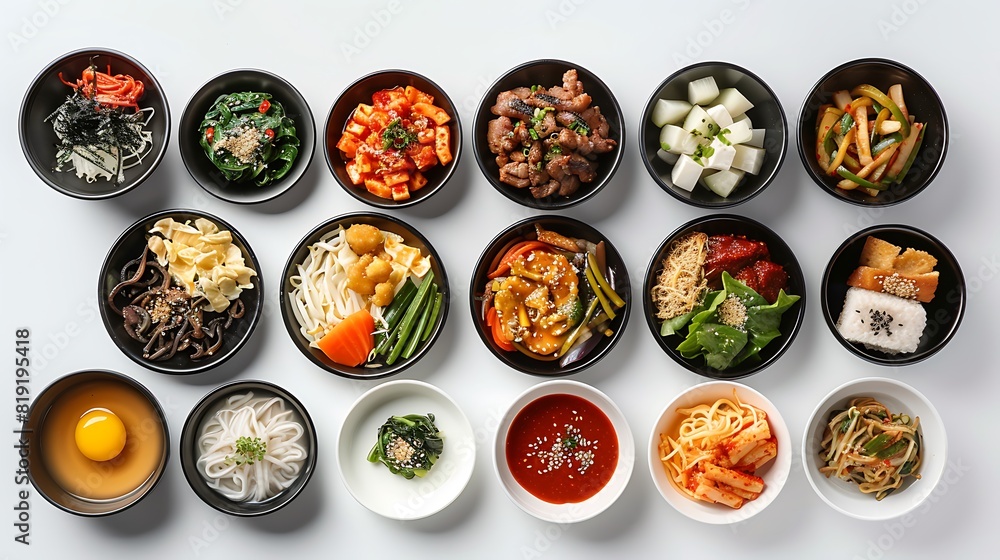 Authentic Korean Cuisine Spread - Top View Realistic Group of Traditional Korean Dishes on Plain White Background in HD 8K Resolution Authentic Korean Cuisine Spread - Top View Realistic Group of Traditional Korean Dishes on Plain White Background in HD 8K Resolution