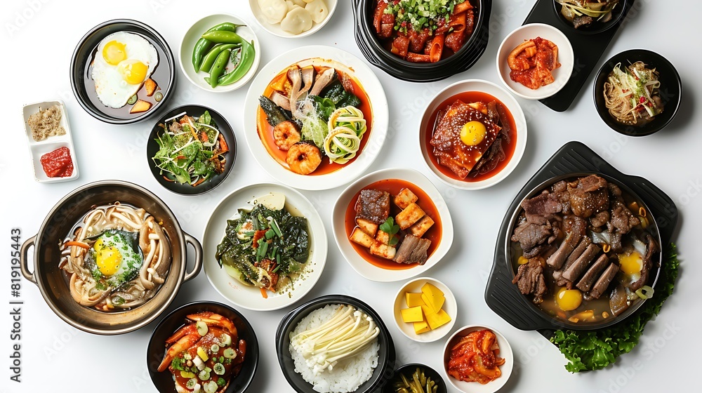 Authentic Korean Cuisine: Top View Realistic Group of Traditional Dishes on Plain White Background in Stunning 8K Resolution