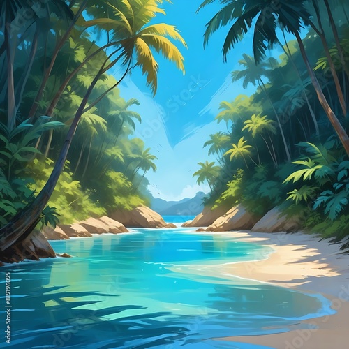 Sea beach island in blue sky landscape illustration image generative AI