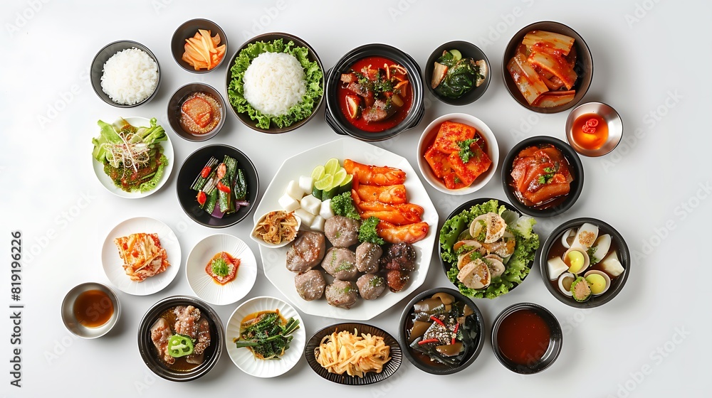 Authentic Korean Cuisine Spread in High Definition - Top View on White Background 8K Resolution Authentic Korean Cuisine Spread in High Definition - Top View on White Background 8K Resolution