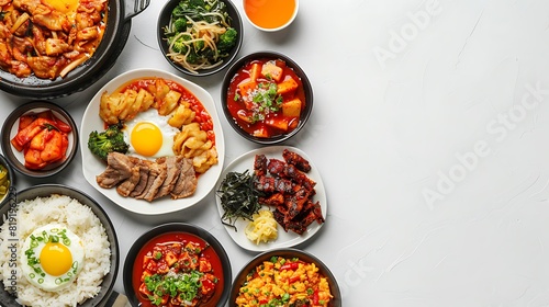 Authentic Korean Cuisine Spread from a Bird's Eye View on White Background in Ultra HD 8K Resolution