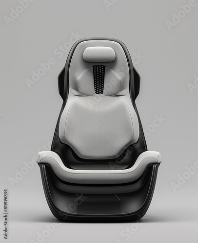Contemporary, sporty single seater car seat in sleek, ergonomic design, featuring white and black color scheme, set against a neutral background photo