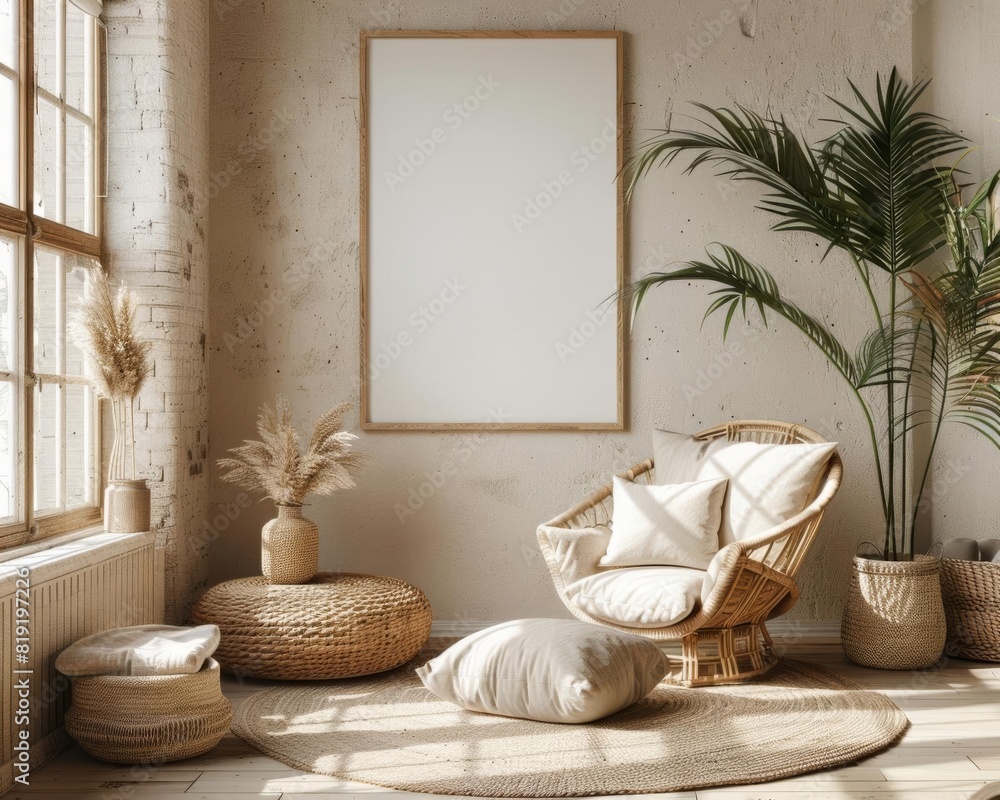 Tranquil zen style interior with empty frame Tranquil zen style interior with empty frame