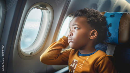 A child has an earache while flying on an airplane. Little African American boy suffering from earache on an airplane. with copy space. photo