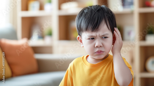 The child has an earache. Little Asian boy 5 years old suffering from otitis and inflammation in the ear, against the background of a home interior with copy space
