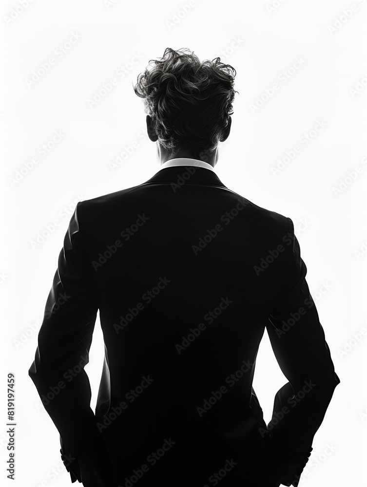 silhouette of the back of a tall man, suit jacket,