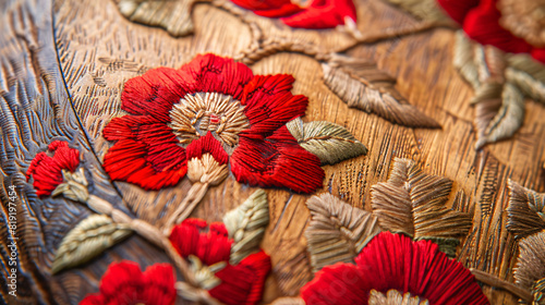 Close up of embroidered napkin with red flowers on cad  