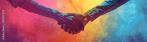 A photo of two people of different skin tones shaking hands with a colorful smoke background. photo