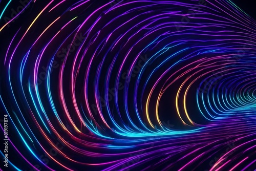 Generate a description of an electrifying 3D-rendered artwork showcasing a curved neon wave with an iridescent holographic quality.