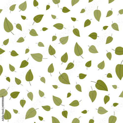 Summer botanical vector illustration. Monochrome green seamless pattern. Many birch green leaves on white background. Soft nature colors. Background decorative elements for design projects