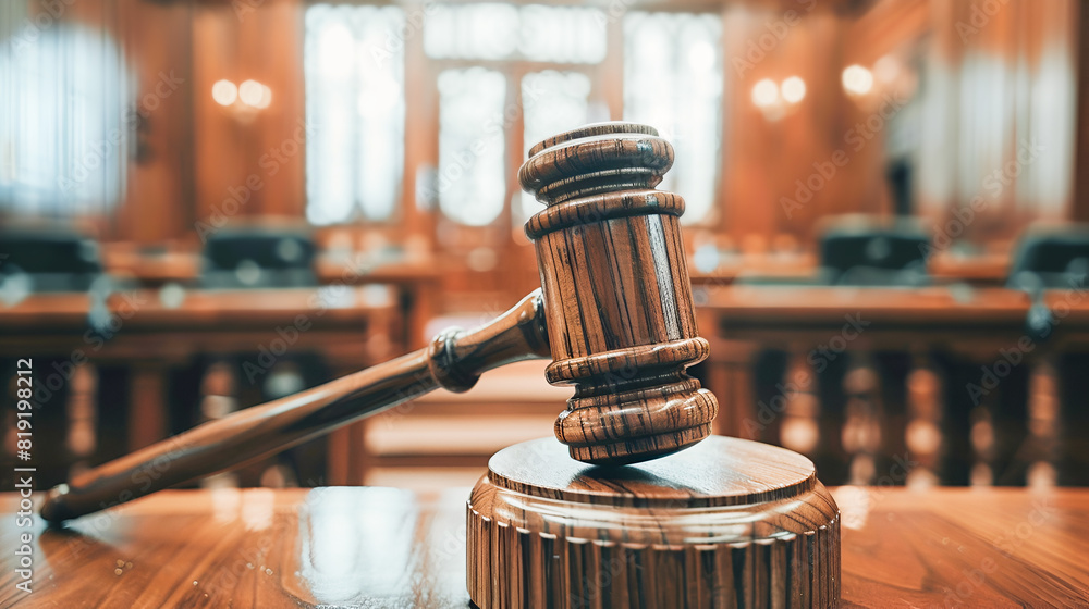Gavel focused foreground in a courtroom, warm daylight illuminating justice and legal concepts. Copy space Gavel focused foreground in a courtroom, warm daylight illuminating justice and legal concepts. Copy space